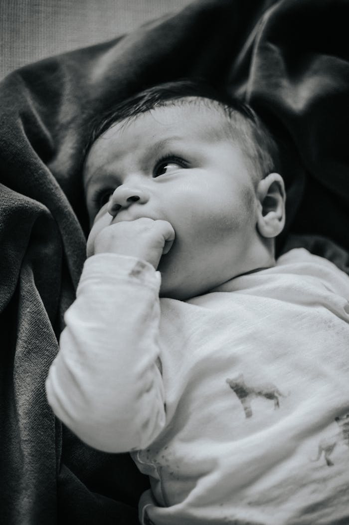 Service Black and white from above of adorable little baby with hand in mouth lying on plaid in room at home